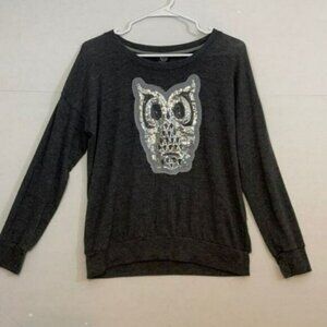 Bobeau Long Sleeve Tee, Sequin Owl, Charcoal Grey, Medium